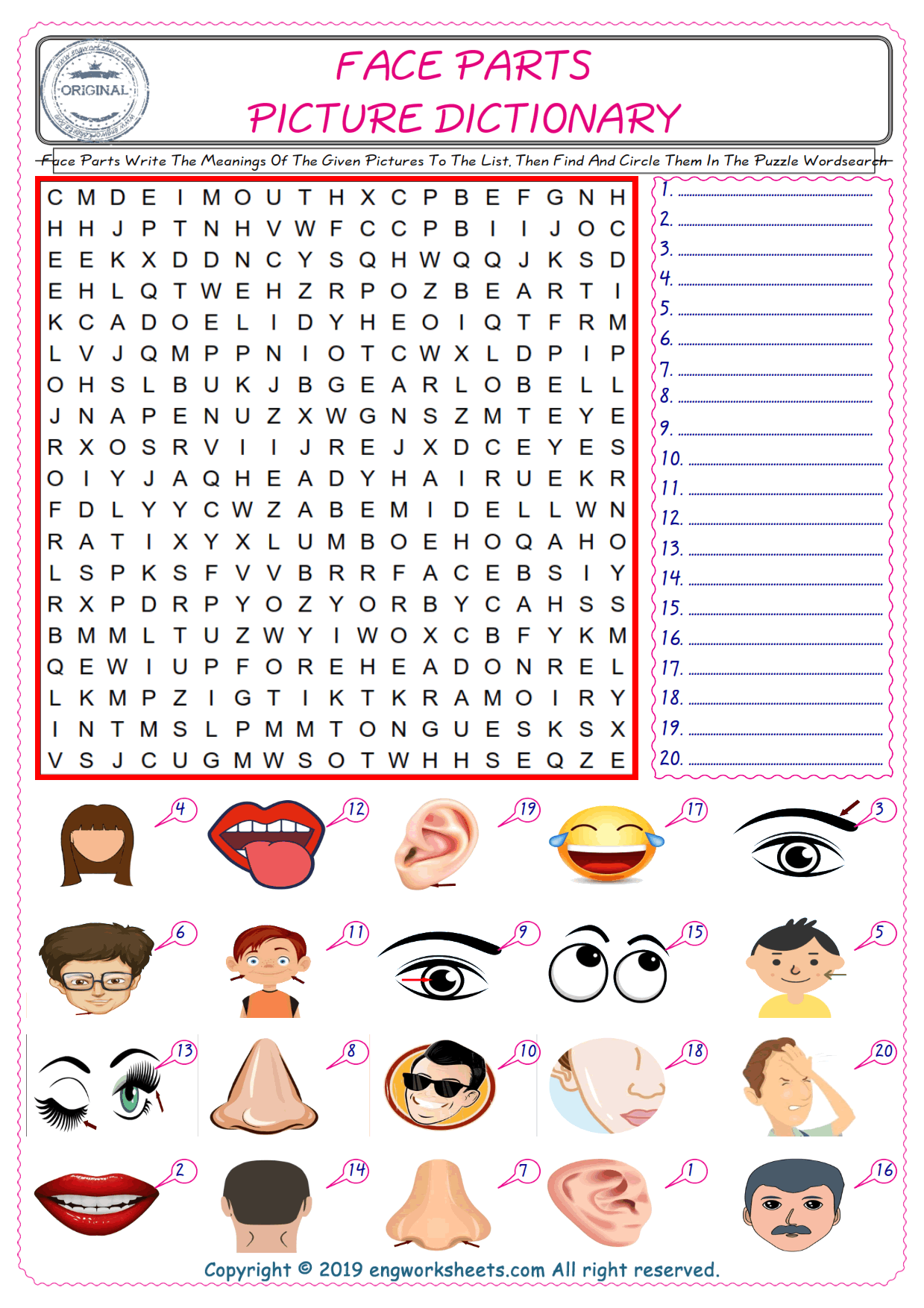  For kids, check the picture of Face Parts find, and write the word and find it in the word puzzle ESL printable worksheet. 
